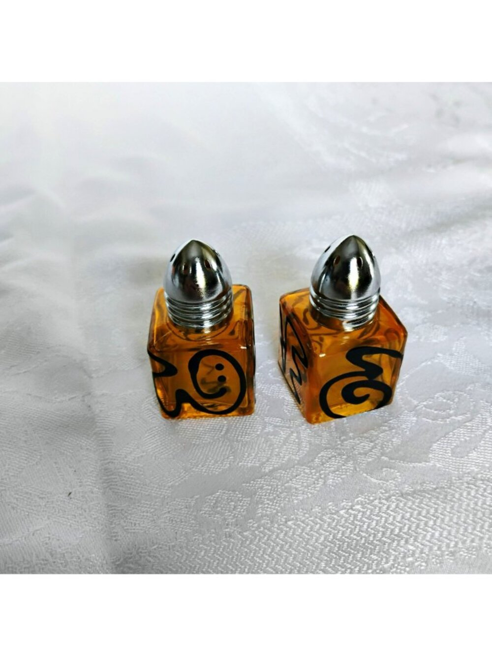 Vintage Topaz Glass Salt Pepper Shakers With Black Swirl Design & Silver Lids - Picture 2 of 8
